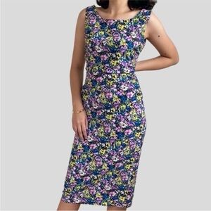 Zara Multicolor Purple Yellow Green Floral Ruched Straight Midi Dress Size S